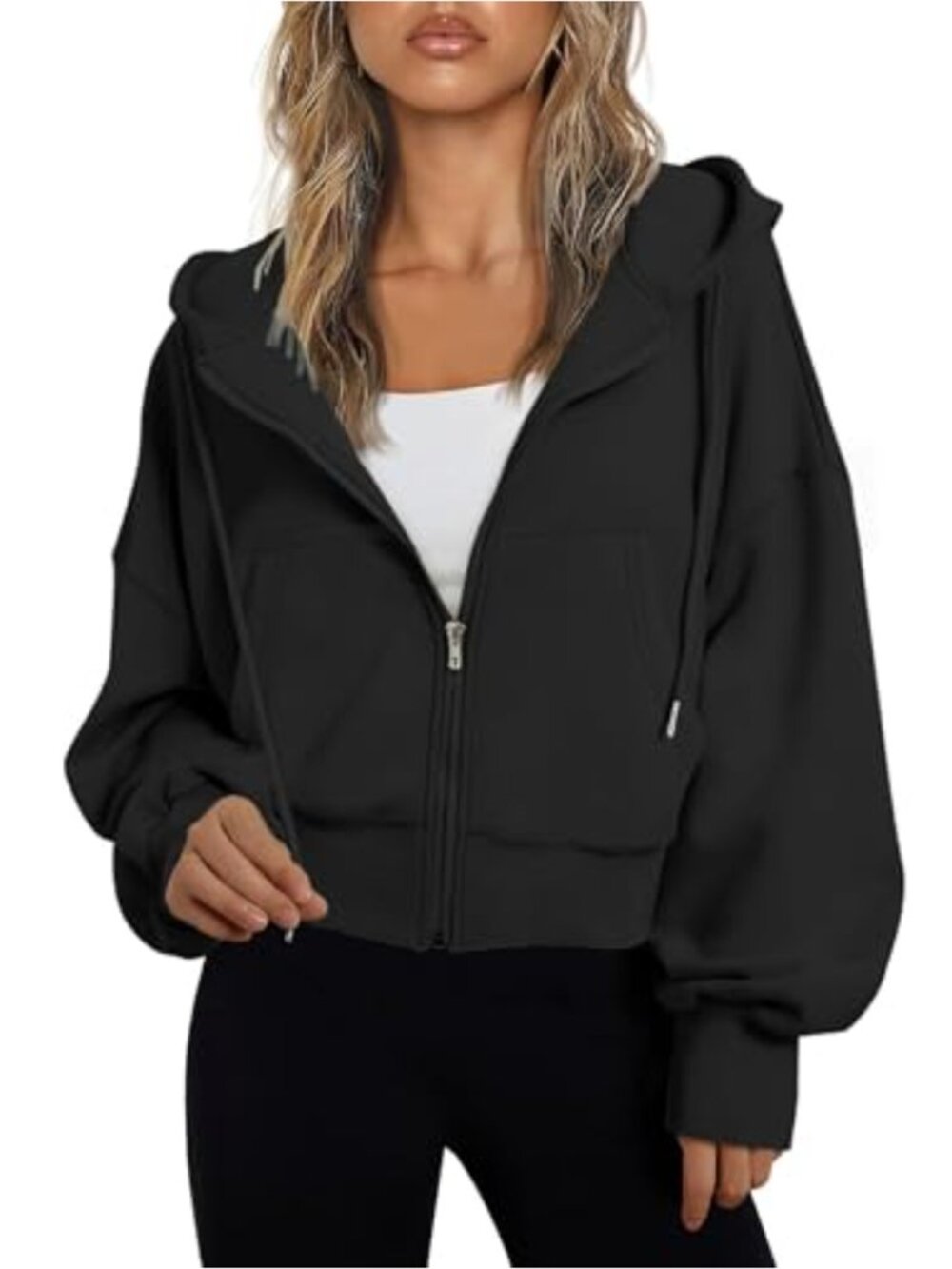Oversized Cropped Zip Up Hoodie Womens Drop Shoulder Sweatshirt with Pockets